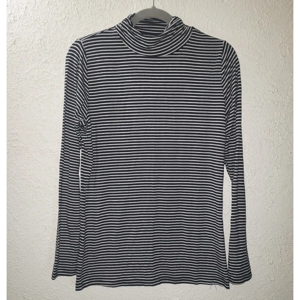 GNU Snowboard Shirt Women's Sz L High Neck Black White Striped Rayon Stretch Top